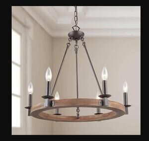 LNC Farmhouse Wagon Wheel 6Light Distressed Wood Circle Island Rustic Bronze NEW